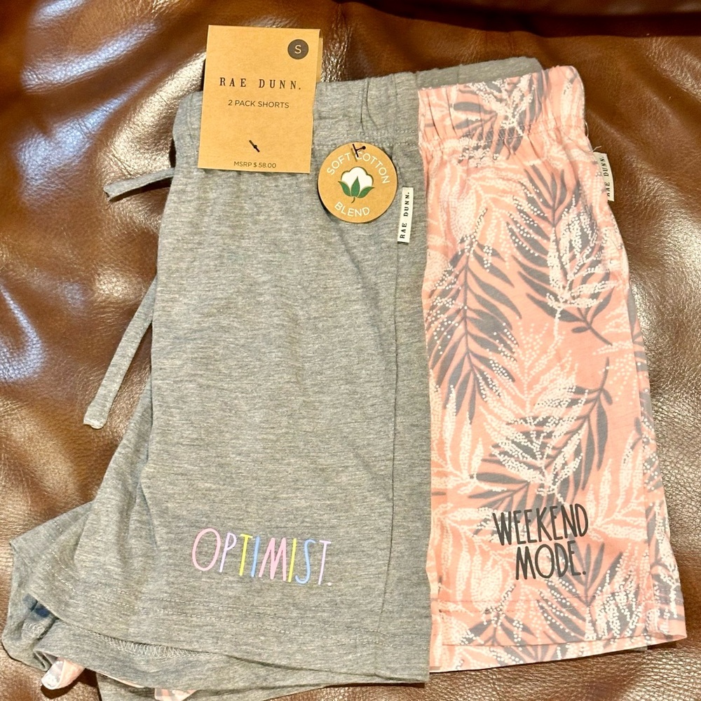 Rae Dunn OPTIMIST & WEEKEND MODE 2 Pack Pajama PJs Shorts NEW! Size SMALL